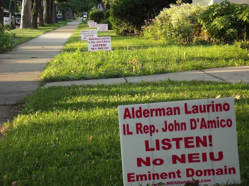 Local residents who aren’t for NEIU’s expansion into the neighborhood let their lawns do the talking.