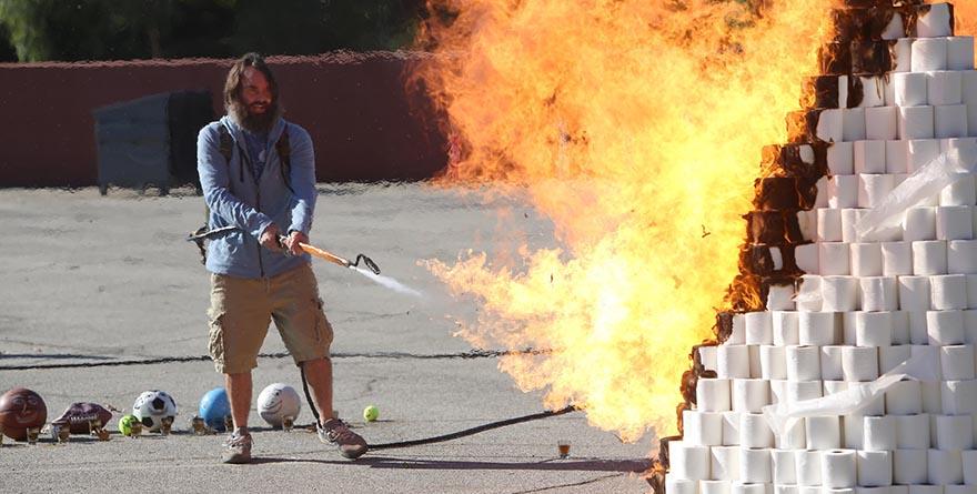 When youre the last man on Earth, burning a TP mountain with a flamethrower isnt such a bad idea. 