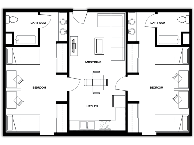 Above is a floor plan of one of the apartments available, which consists of two bedrooms and two bathrooms. 