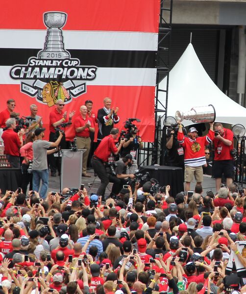 Patrick Kane hoists Stanley Cup at the Blackhawks Championship Rally this past June 
