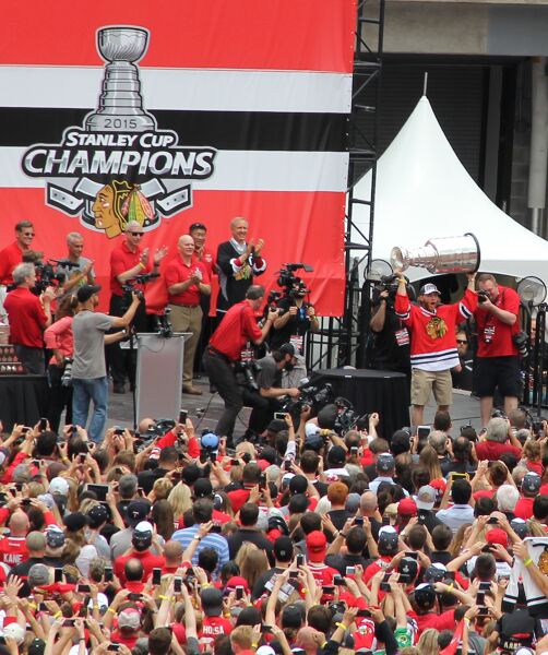 Patrick Kane hoists Stanley Cup at the Blackhawks’ Championship Rally this past June