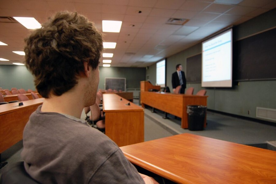 A student providing his undivided attention during a lecture. 