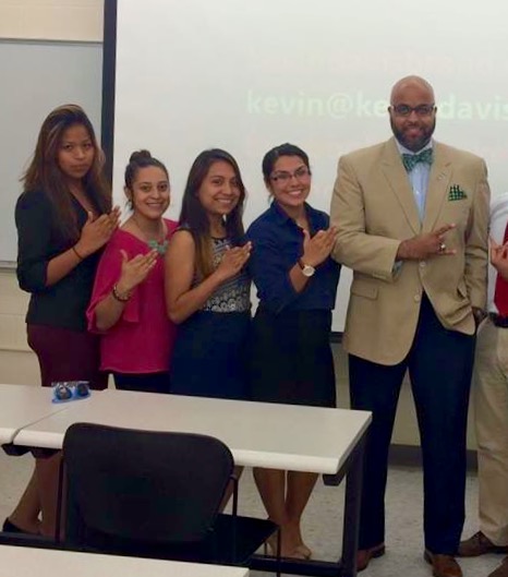 The ladies of Gamma Phi Omega: Jannedh Lema, Frances Dominguez, Yadira Alonzo and Brenda Bedolla at a personal branding workshop with presenter Kevin Davis.