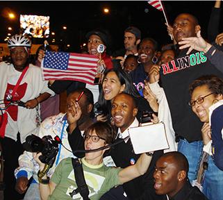 A crowd of people celebrate the election of Pres. Barack Obama in Grant Park on Nov. 4, 2008./Photo by Mary Kroeck