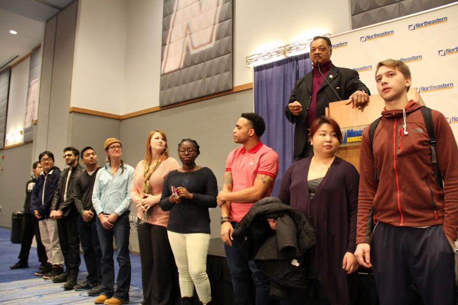 Jesse Jackson, Sr. encouraged unregistered voters to come to the stage and become registered. Ten students answered the call during his speech at Alumni Hall.  