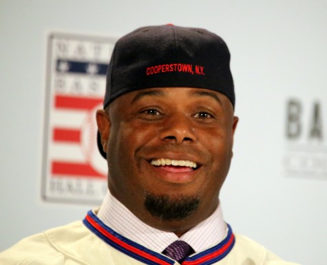 Ken Griffey Jr. goes with his trademark backward cap during the Hall of Fame Press conference.