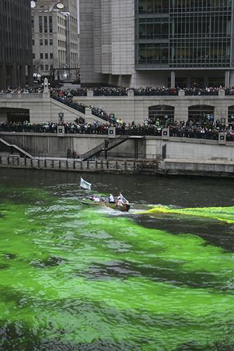 The Chicago River is dyed green in honor of St. Patricks Day. This is one of many Chirish traditions./Photo by Mary Kroeck