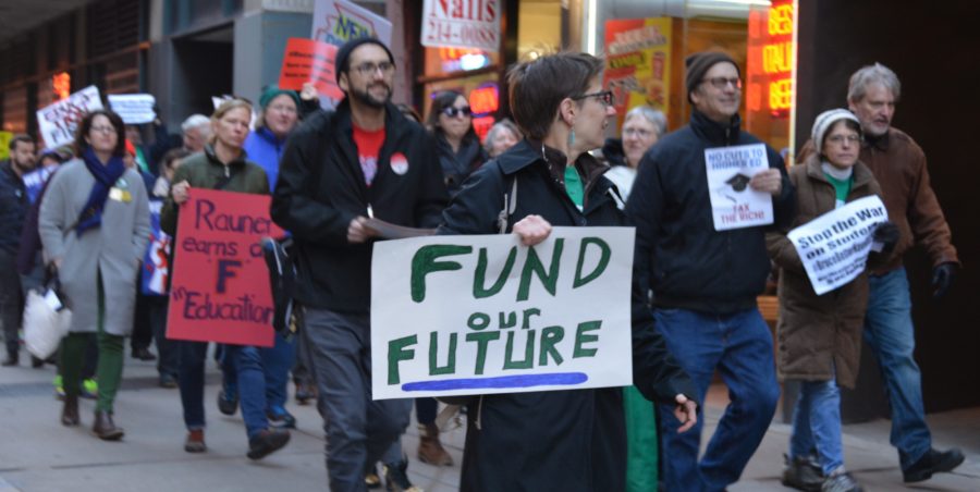 Northeastern Illinois University Professor Cyndi Moran protests the budget impasse in Feb. 2016, just prior to NEIUs first furlough.