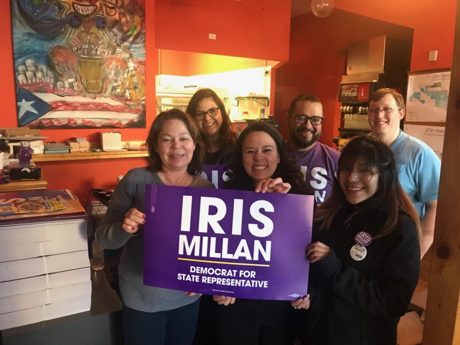 (front) Iris Millan and Esther Mendez. (Back) Veronica Ramirez, Carlos Diaz and Ross Clymer all pose in Millan’s campaign office.