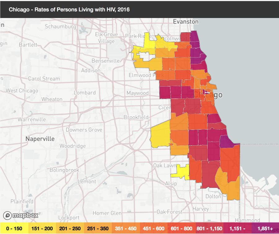 Rates of Chicagoans living with HIV AIDS in 2016 via AIDS Vu
