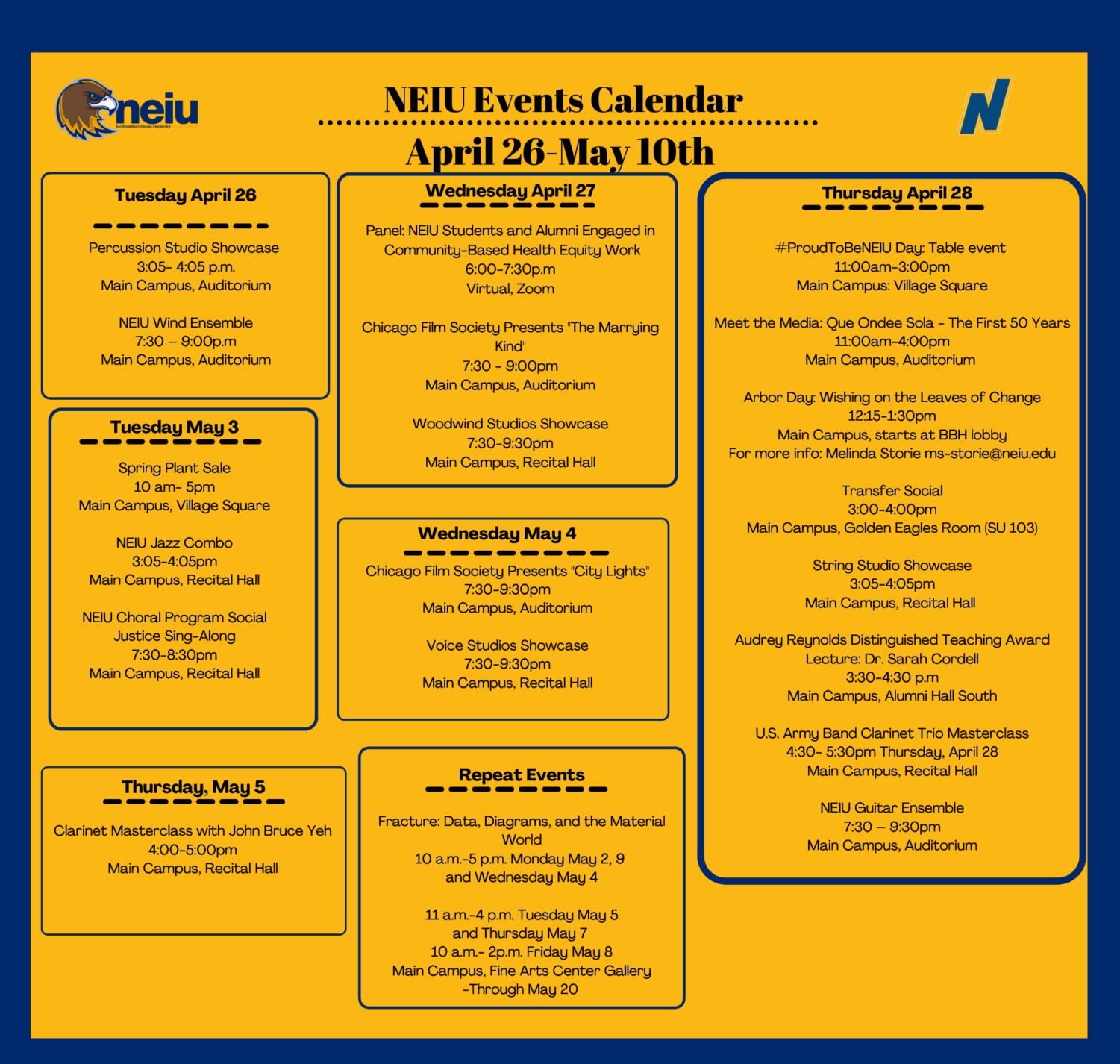 NEIU Independent Campus Life Calendar April 26 May 10