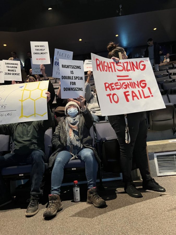 Faculty and student protesters at the university town hall meeting.