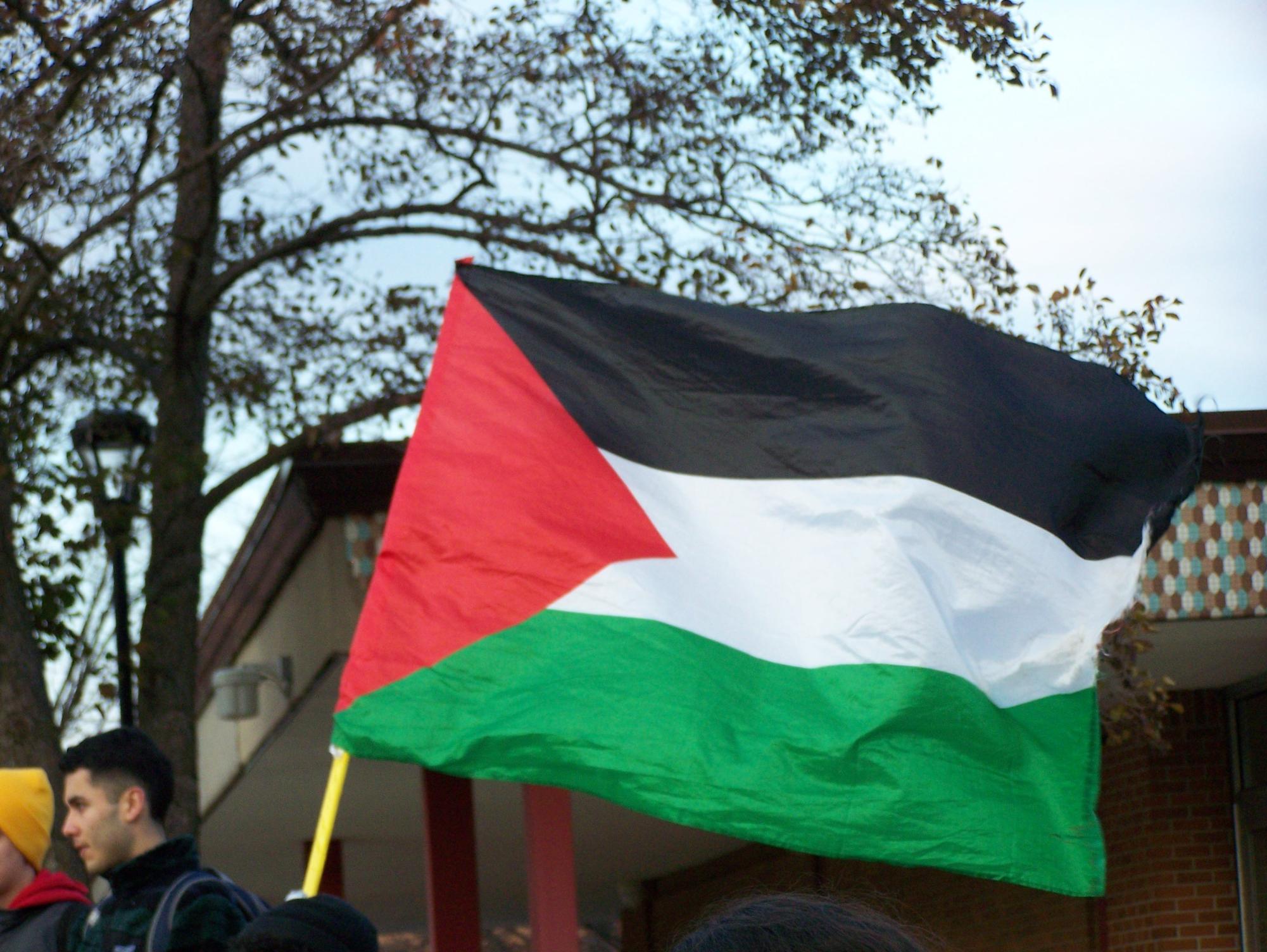 Palestinian flag waving in the air. All photos from Vigil.