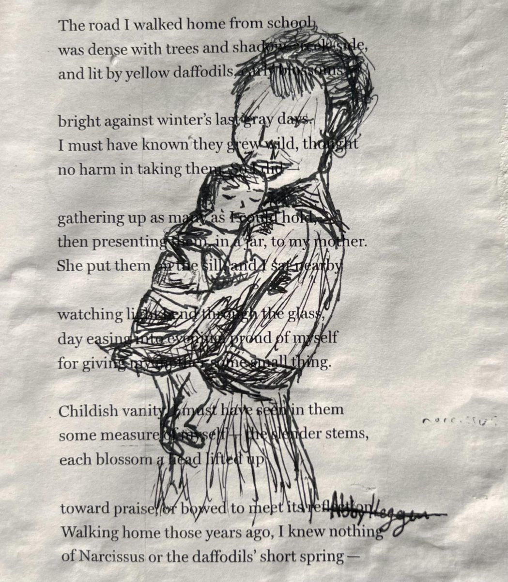 Drawing of Natasha as a child being held by her mother on top of a poem that Natasha wrote about her mother.