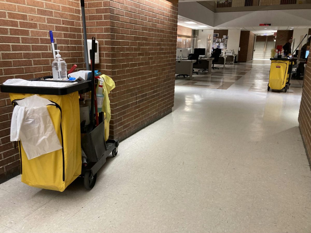 Two janitor carts located in the second-floor computer lab in Lech Walesa Hall. The current schedule has the majority of BSWs working in the morning.