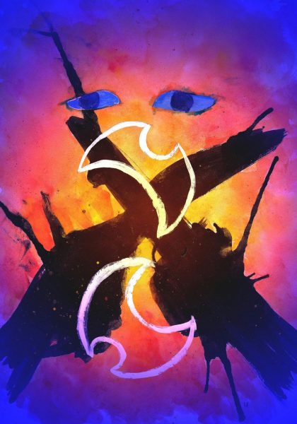 The image depicts a set of blue eyes against a yellow-orange splash of color. Underneath there are two silhouetted hands holding daggers that cross one another. Overlaid on the hands are two circular white outlines created crescent shapes with smaller circular shapes cut out. The image has an overlaid radial gradient of warm orange in the center and dark blue along the edges. The piece represents Chanis blue eyes as she watches Paul Atreides A.K.A. MuadDib in combat with Feyd-Rautha. The Media is india ink and gouache