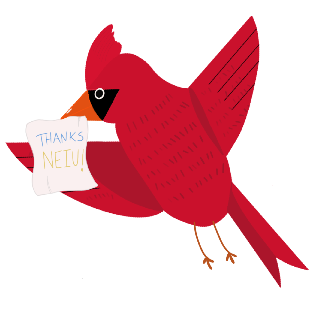 Illustrated an image of a robin holding a note that says Thank you to NEIU