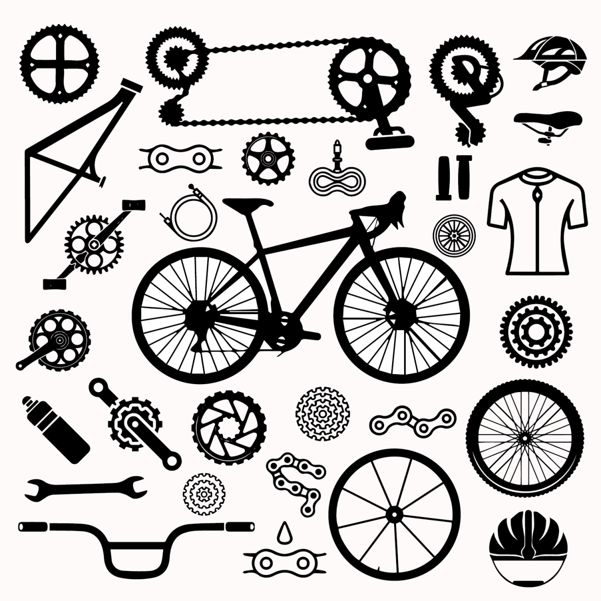 a collage of bicycle parts played out in different areas