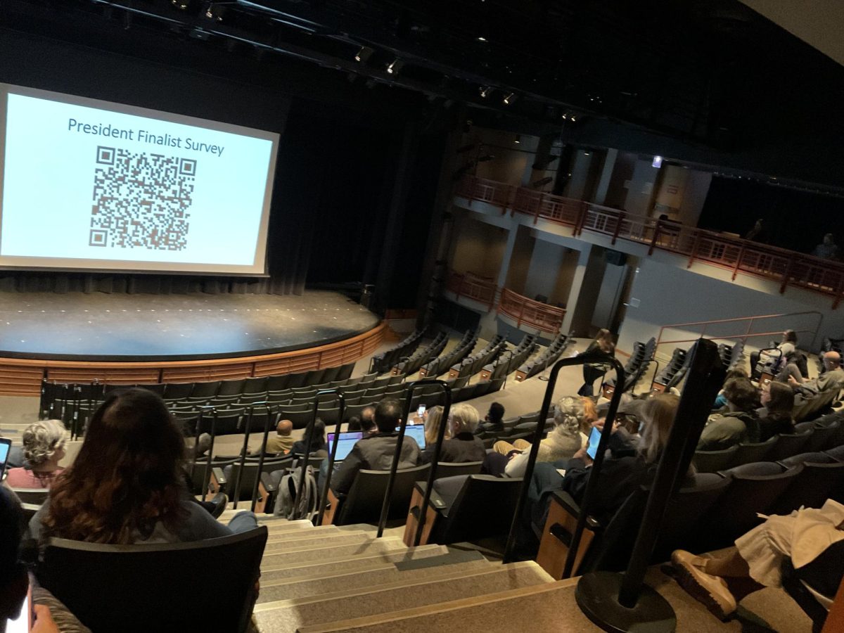 A screen in the auditorium displays a QR code with the title "President Finalist Survey." Audience members can be seen on their devices, looking at the screen, or looking at the speaker (not pictured).