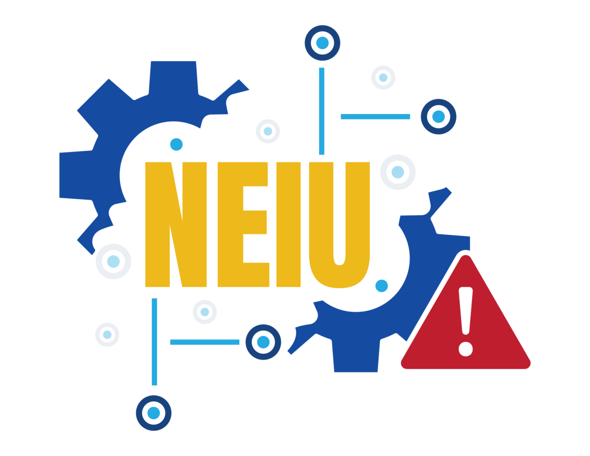 Letter NEIU in the middle surrounded by circles representing connectivity. The Side of letters contain a broken wheel indicating disruption.