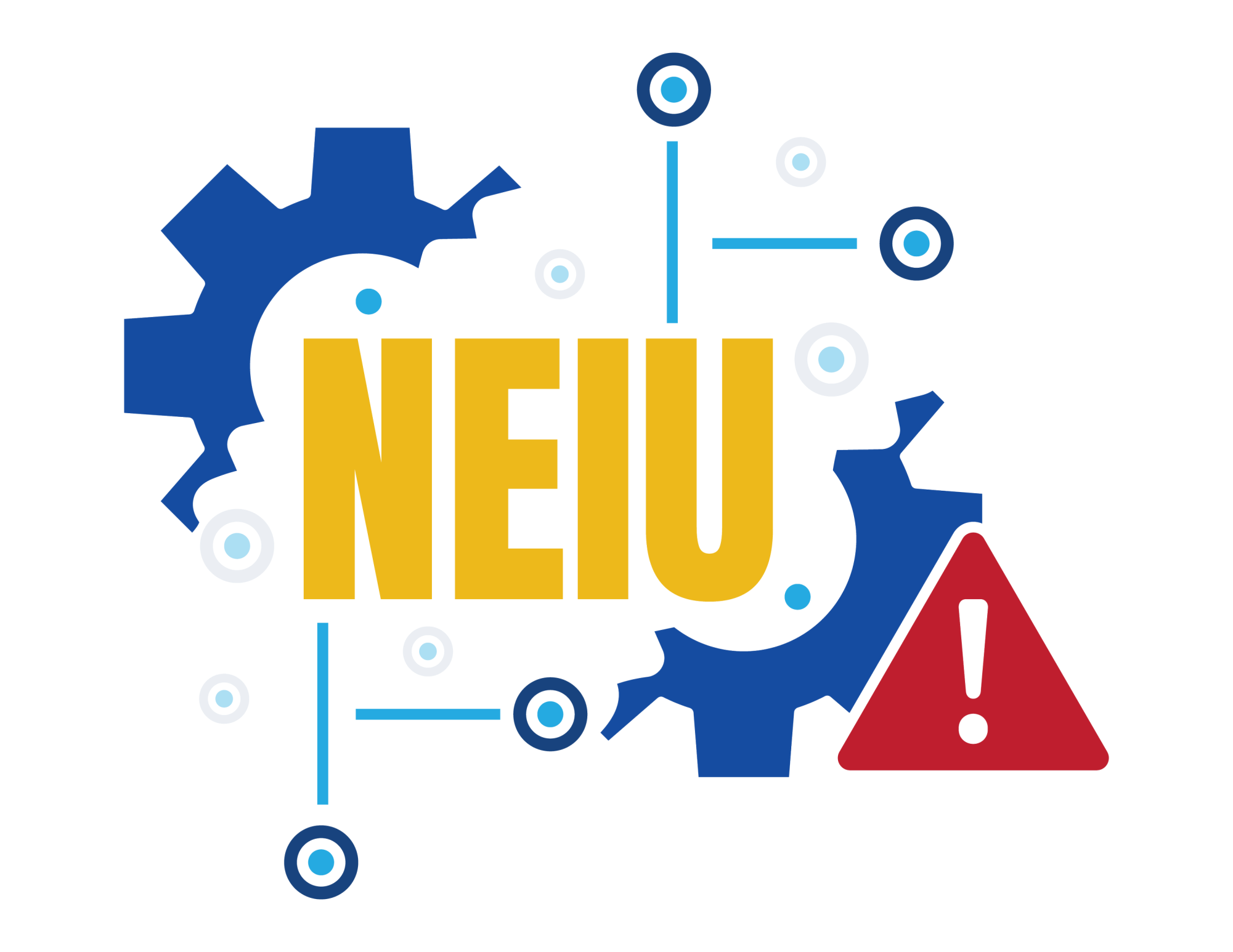 Letter NEIU in the middle surrounded by circles representing connectivity. The Side of letters contain a broken wheel indicating disruption.
