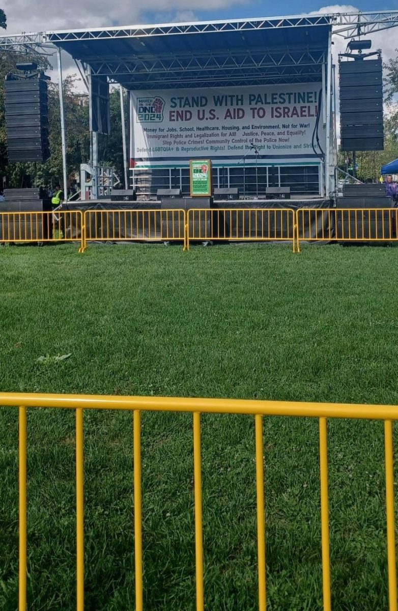 At Union Park, the Coalition to March on the DNC host an outdoor stage to host their program for the opening day at Union Park.