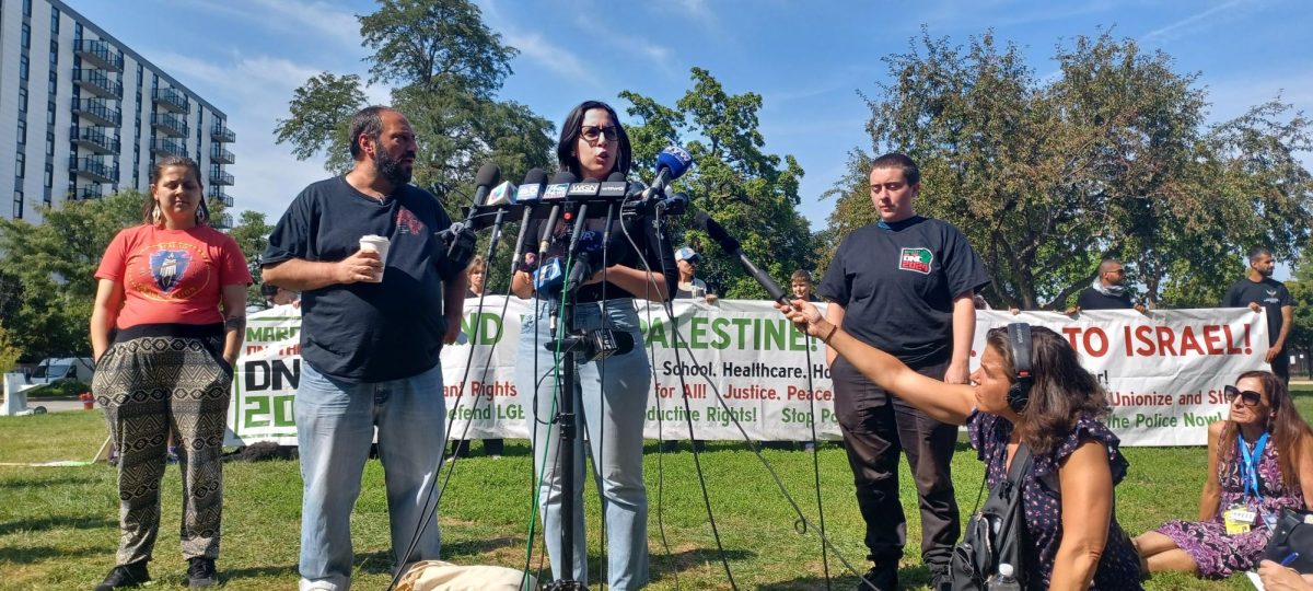 (left to right) Gemini Gnull, Hatem Abudayyeh, Dr. Tammy Abudhnais, Dod McColgan - speakers for the press conference on August 22, 2024 at Union Park.