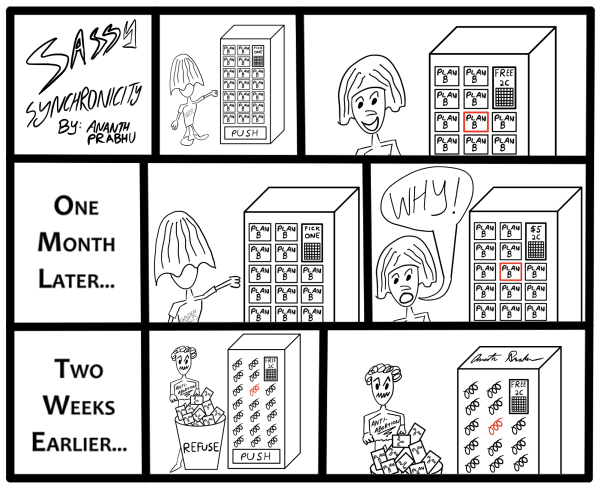 The title card reads “Sassy Synchronicity By Ananth Prabhu.” The first comic tile features a student getting a Plan B unit from the campus's contraceptive vending machine. The second comic tile features item 2C lit up and reads “free,” and the individual is smiling with relief. The third comic tile reads "One Month Later..." The fourth comic tile features a student getting a Plan B unit from the campus's contraceptive vending machine again. The fifth comic tile features item 2C lit up and reads “$5,” and the individual is shrieking, “Why!” The sixth comic tile reads “Two Weeks Earlier…” The seventh comic tile has a curly-haired individual behind a refuse basket filled with many Plan B units. The individual’s shirt reads “Anti-Abortion.” The individual has an angry facial expression. The vending machine is completely empty. Slot 2C is highlighted and reads “Free.” The eight comic tile is a close up of the previous tile for dramatic effect.