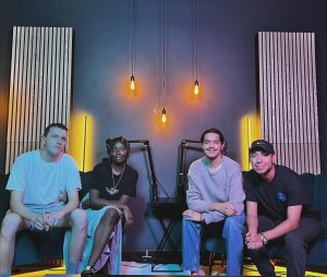 All Lyric Lounge staff in the finished Lyric Lounge studio. From left to right , Alban Peltier, Lafe "Jamiyha" Williams,  Daniel Gutierrez, and Pablo Santiago