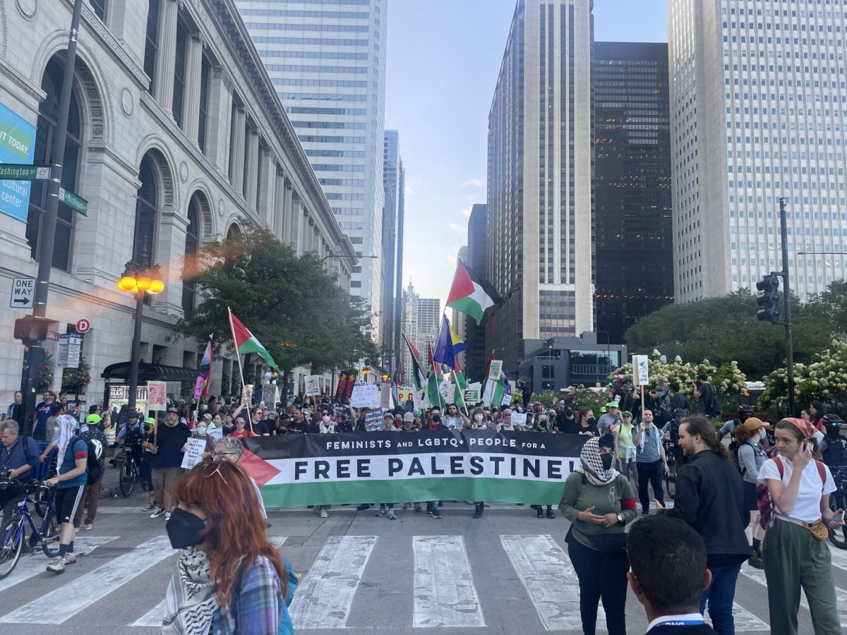 "Feminists and LGBTQ+ People for a Free Palestine!" banner states with the black, white, red and green colors of the Palestine flag. Several members are holding the banner, marching with several other members of the coalition.