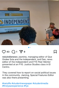 Post on the Independent’s Instagram (@neiuindienews) featuring a presentation and visit by Dan, the news editor; Jasmine, the managing editor; and Jiaming, the special section editor, to the JUST 109 class.