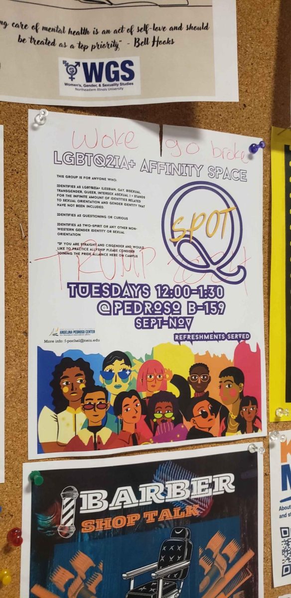 Vandalized Q-Spot flyer on a bulletin board with “Woke go broke” written in red ink on top of the flyer and “TRUMP 2024” written in red ink at the middle of the flyer.