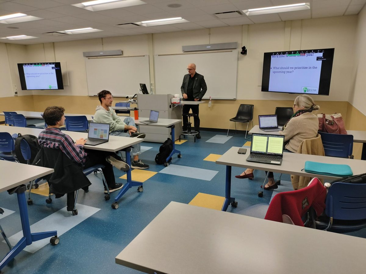 On Thursday, Nov. 7, 2024, in BBH 325, various representatives and proposers of Green Fee projects are sitting and discussing their ideas from left to right: Tom Kalogris, Dan Van Lente, Dr. Scott W. Hagerty and Dr. Lindsay Maldonado.