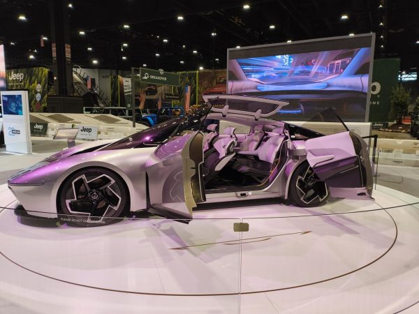 The all-electric Chrysler Halcyon Concept car features one Dolorean-style door and a pair of double doors at the 2025 Chicago Auto Show on Feb. 6-17, 2025 at McCormick Place.