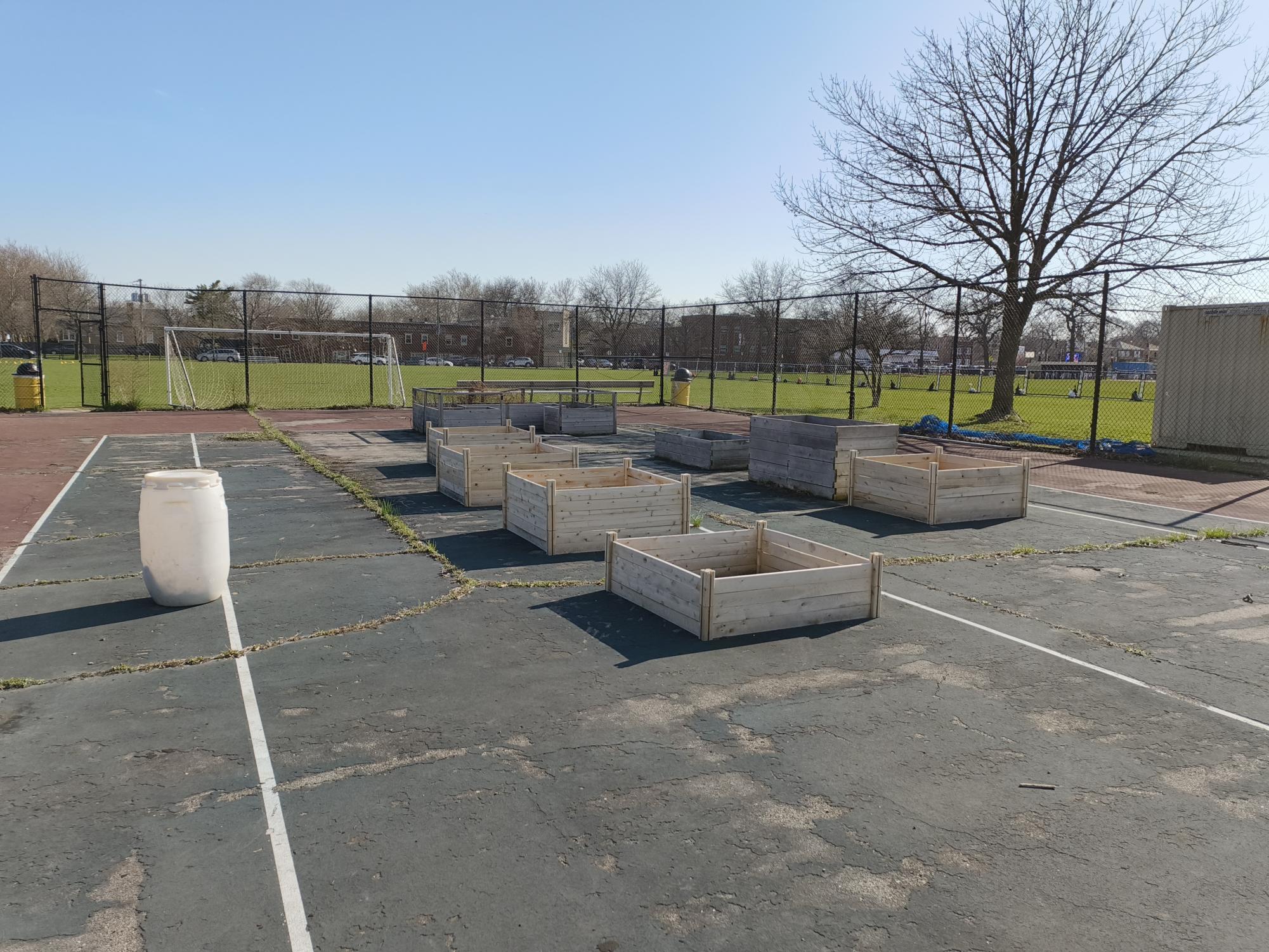 Eight raised garden beds have been constructed in NEIU’s abandoned tennis courts for the purposes of growing food and preventing food insecurity.