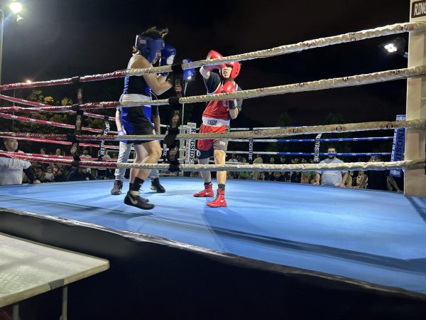 Portage Park boxer, Nathan Cruz, punches opponent against the ropes.