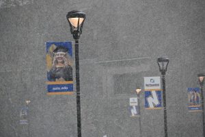 Snow falling at the Quad