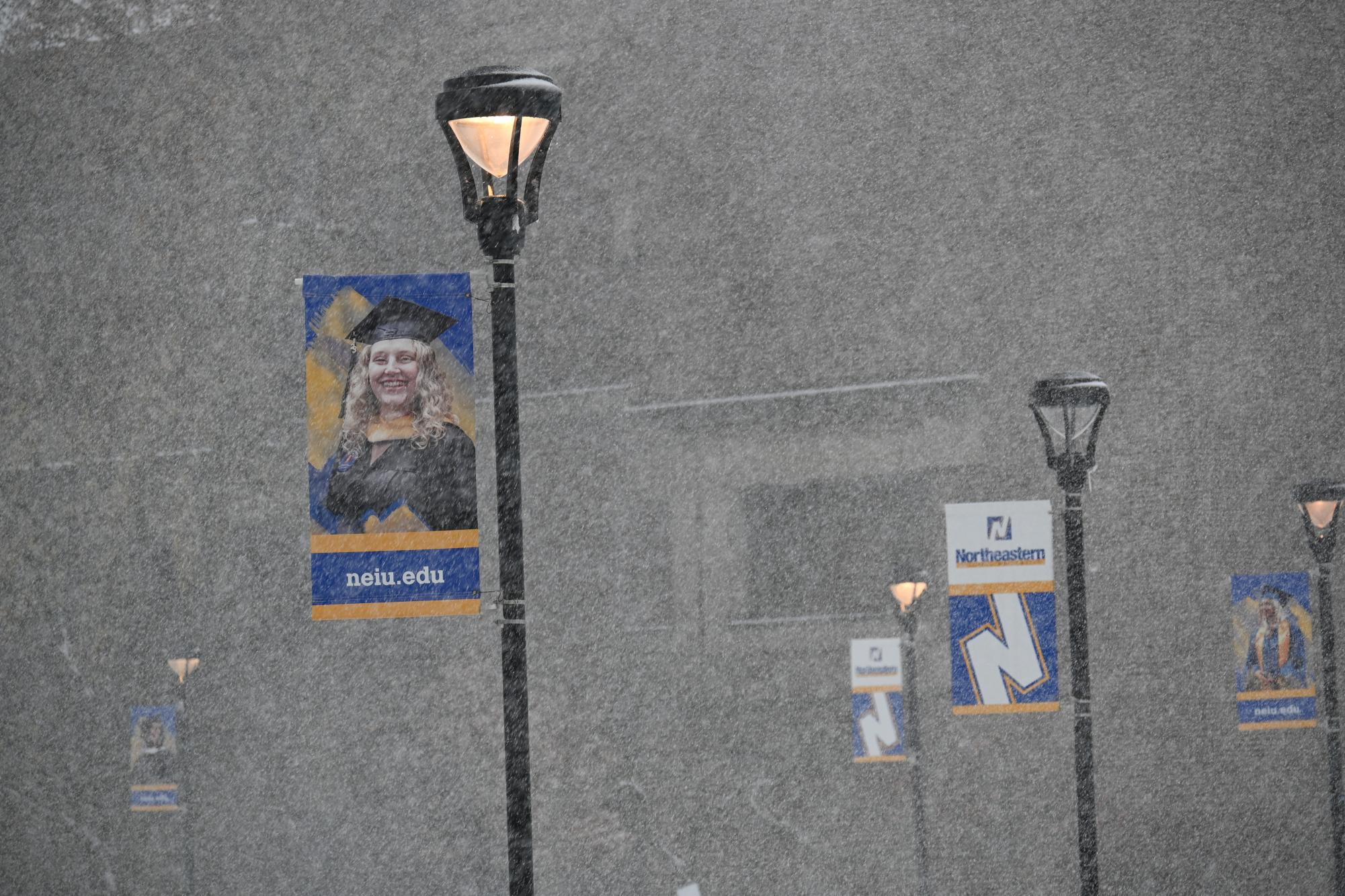 Snow falling at the Quad